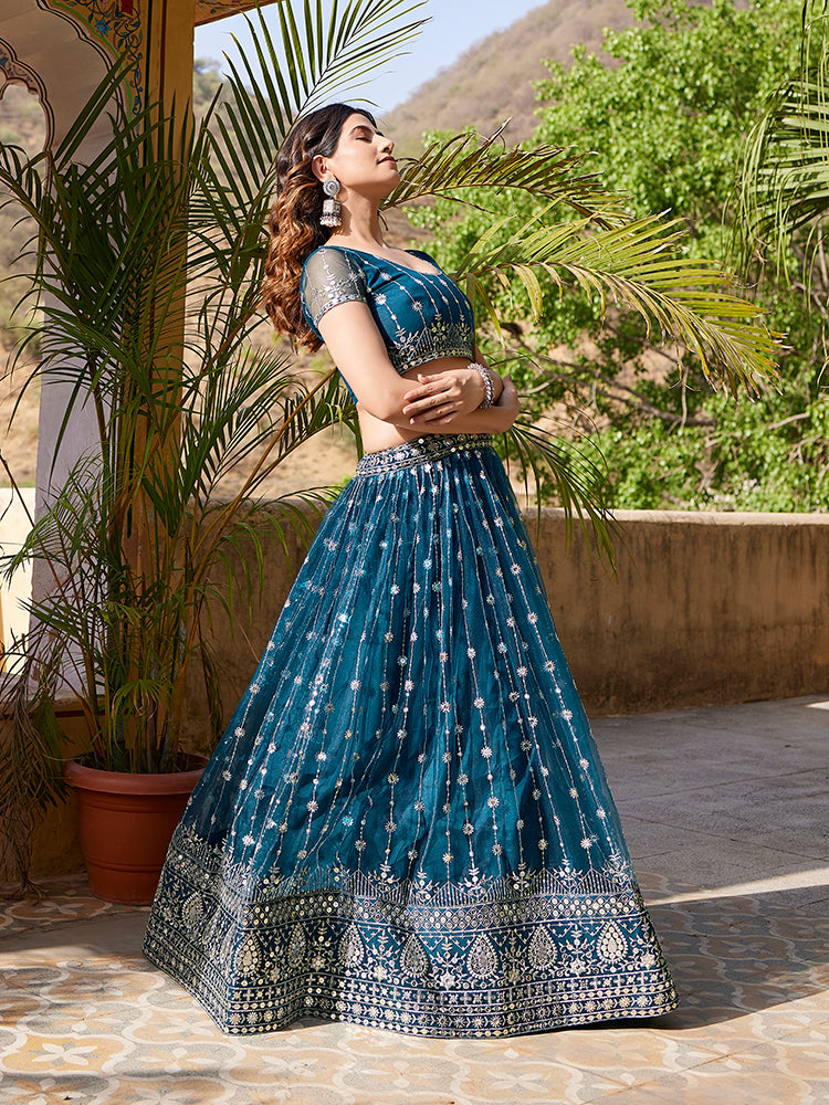 Rama Blue Soft Net Sequins Embroidered Lehenga Choli