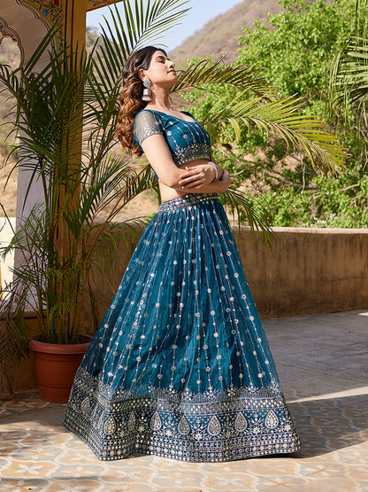 Rama Blue Soft Net Sequins Embroidered Lehenga Choli