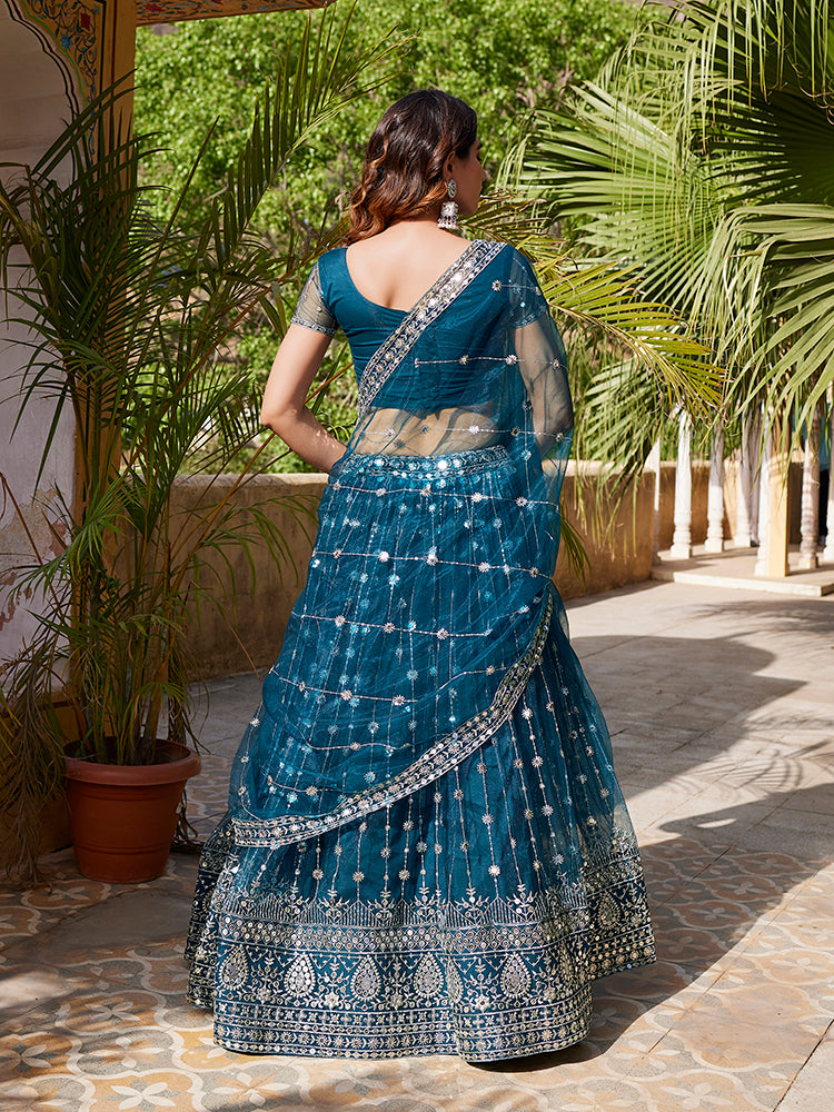 Rama Blue Soft Net Sequins Embroidered Lehenga Choli