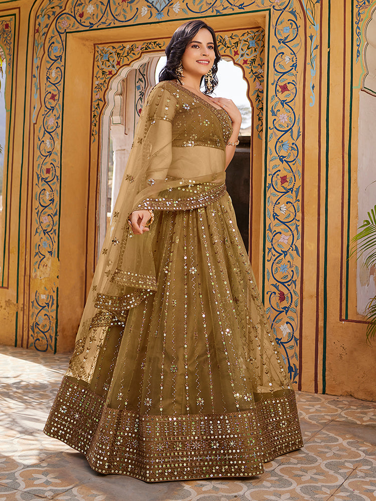 Brown Soft Net Sequins Embroidered Lehenga Choli