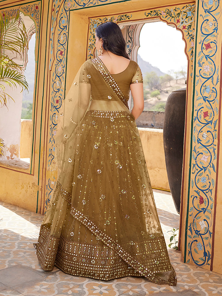 Brown Soft Net Sequins Embroidered Lehenga Choli