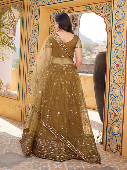 Brown Soft Net Sequins Embroidered Lehenga Choli