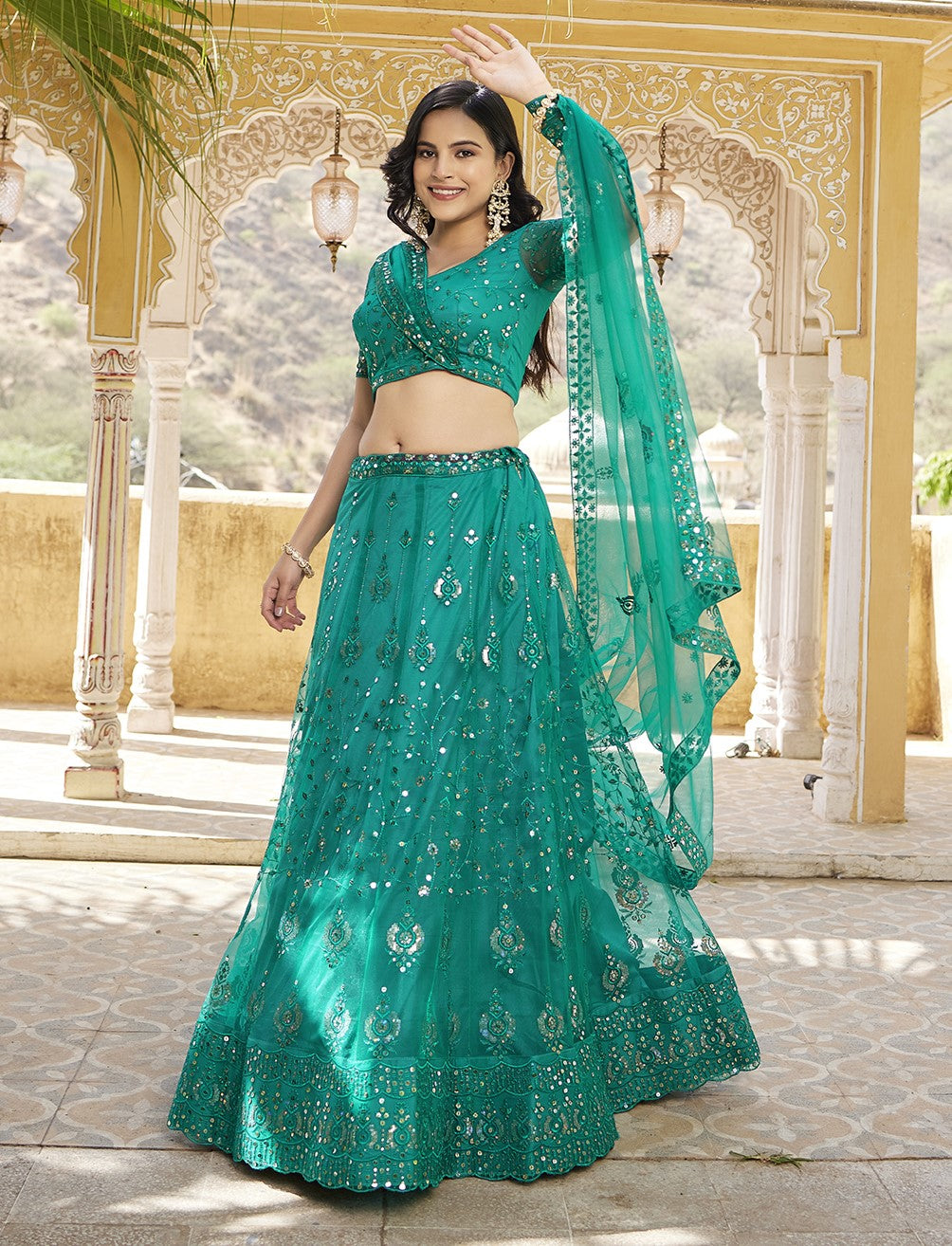 Rama Blue Sequins Embroidered Net Lehenga Choli