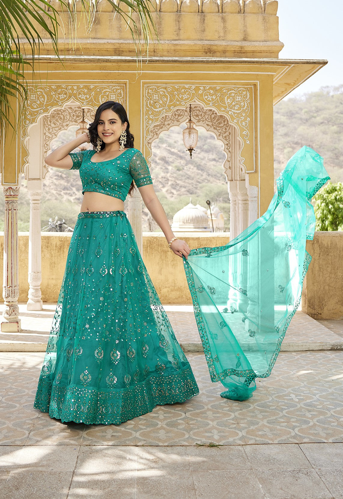 Rama Blue Sequins Embroidered Net Lehenga Choli