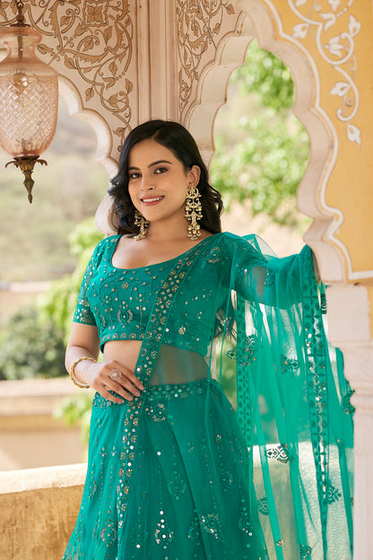 Rama Blue Sequins Embroidered Net Lehenga Choli