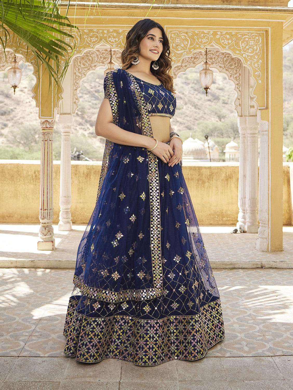 Navy Blue Sequins Embroidered Net Lehenga Choli