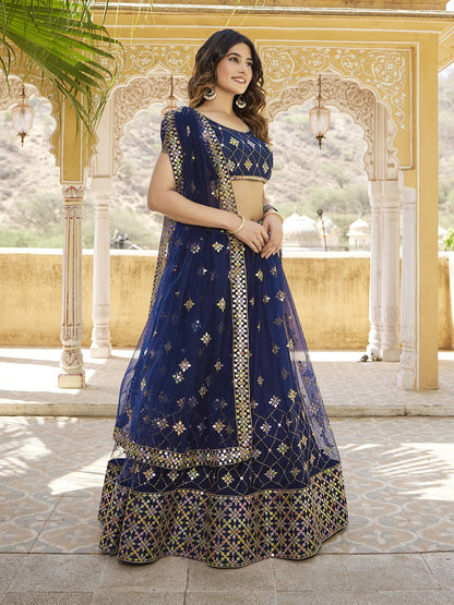Navy Blue Sequins Embroidered Net Lehenga Choli