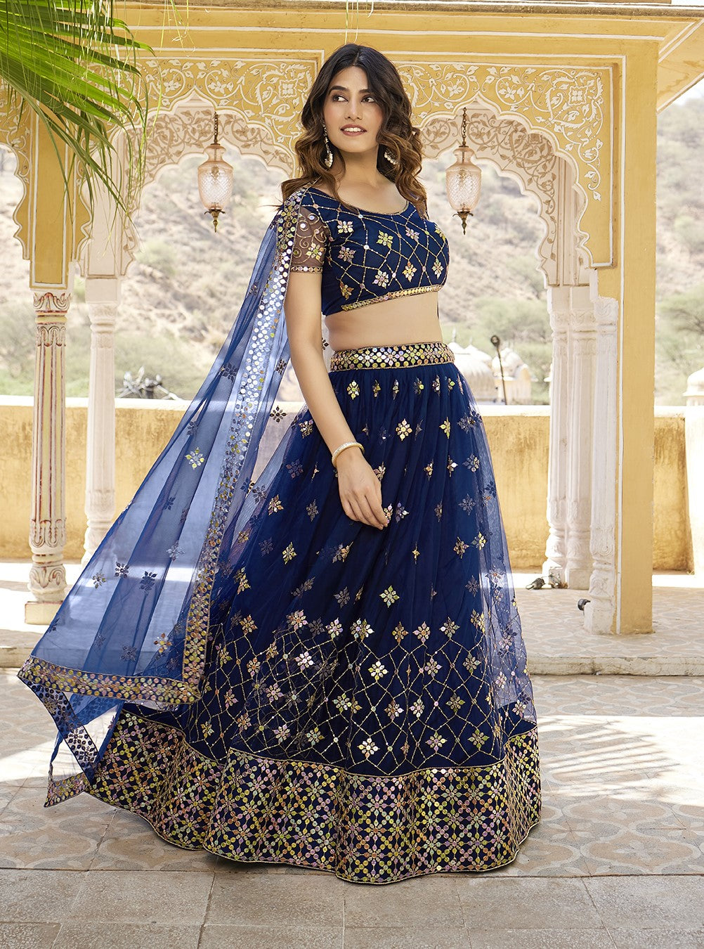 Navy Blue Sequins Embroidered Net Lehenga Choli