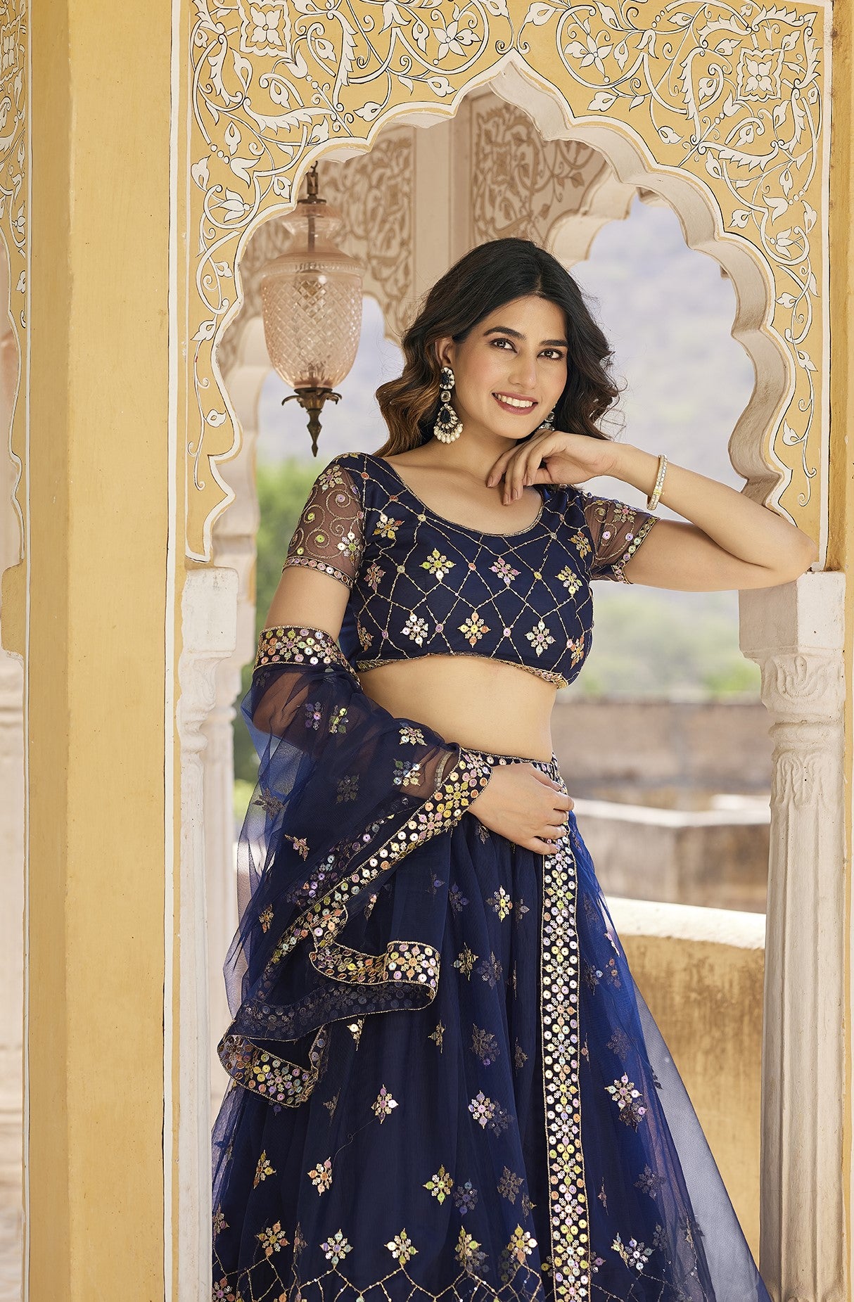 Navy Blue Sequins Embroidered Net Lehenga Choli