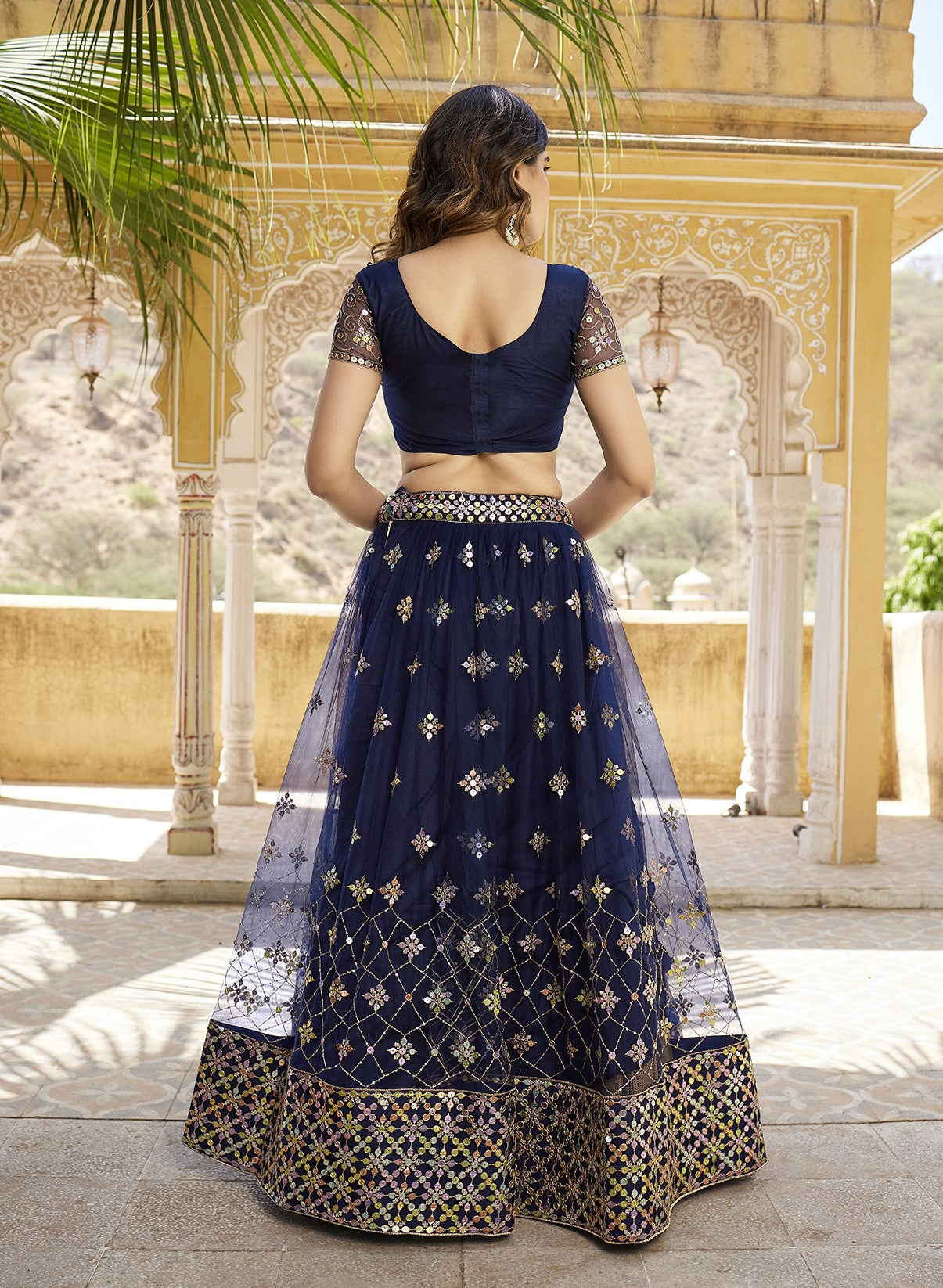 Navy Blue Sequins Embroidered Net Lehenga Choli
