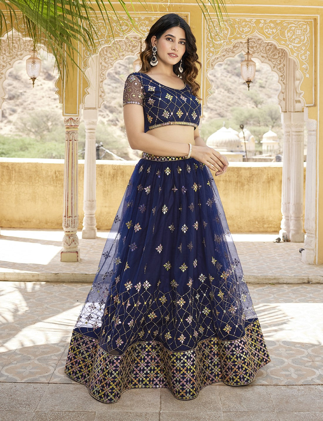 Navy Blue Sequins Embroidered Net Lehenga Choli