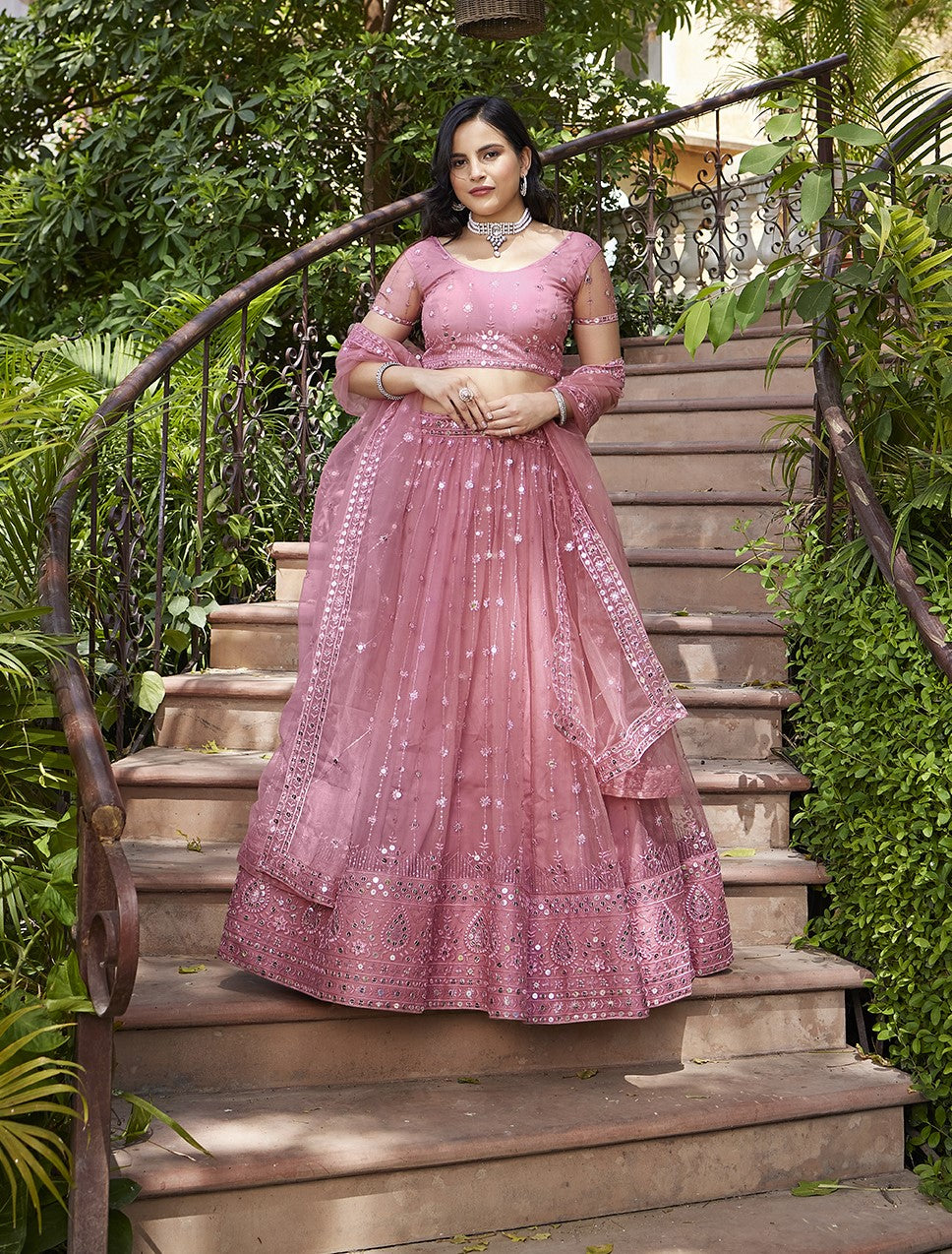 Fancy Pink Sequins Embroidered Net Lehenga Choli