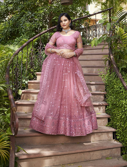 Fancy Pink Sequins Embroidered Net Lehenga Choli