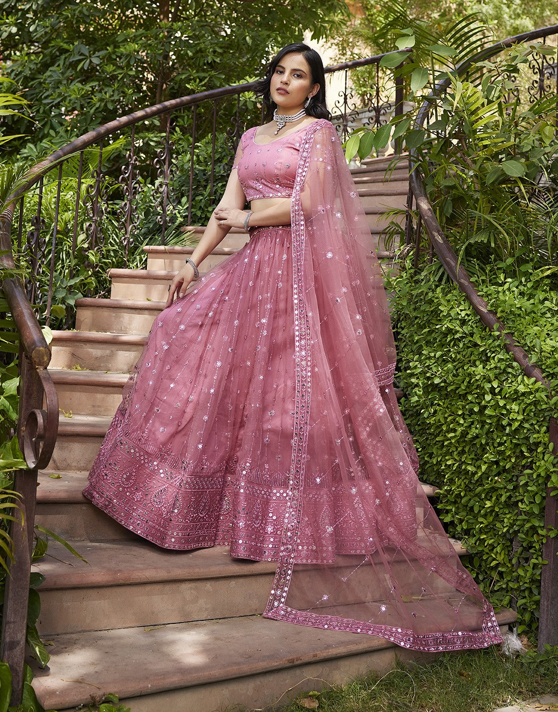 Fancy Pink Sequins Embroidered Net Lehenga Choli