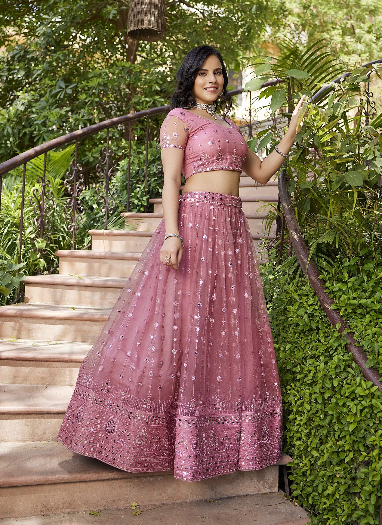 Fancy Pink Sequins Embroidered Net Lehenga Choli