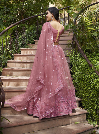 Fancy Pink Sequins Embroidered Net Lehenga Choli