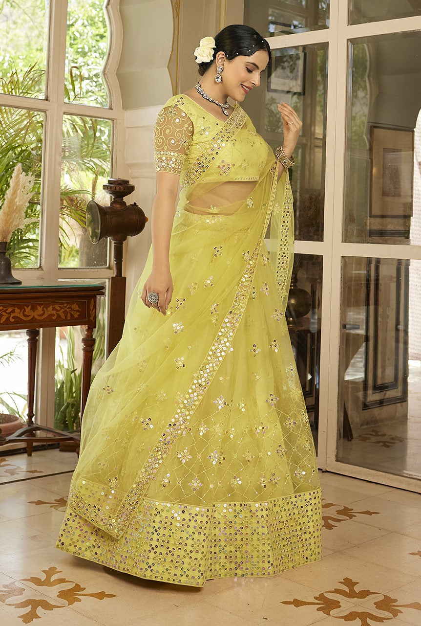 Light Yellow Sequins Embroidered Net Lehenga Choli