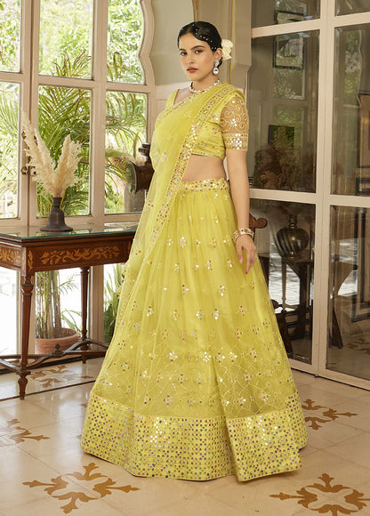 Light Yellow Sequins Embroidered Net Lehenga Choli