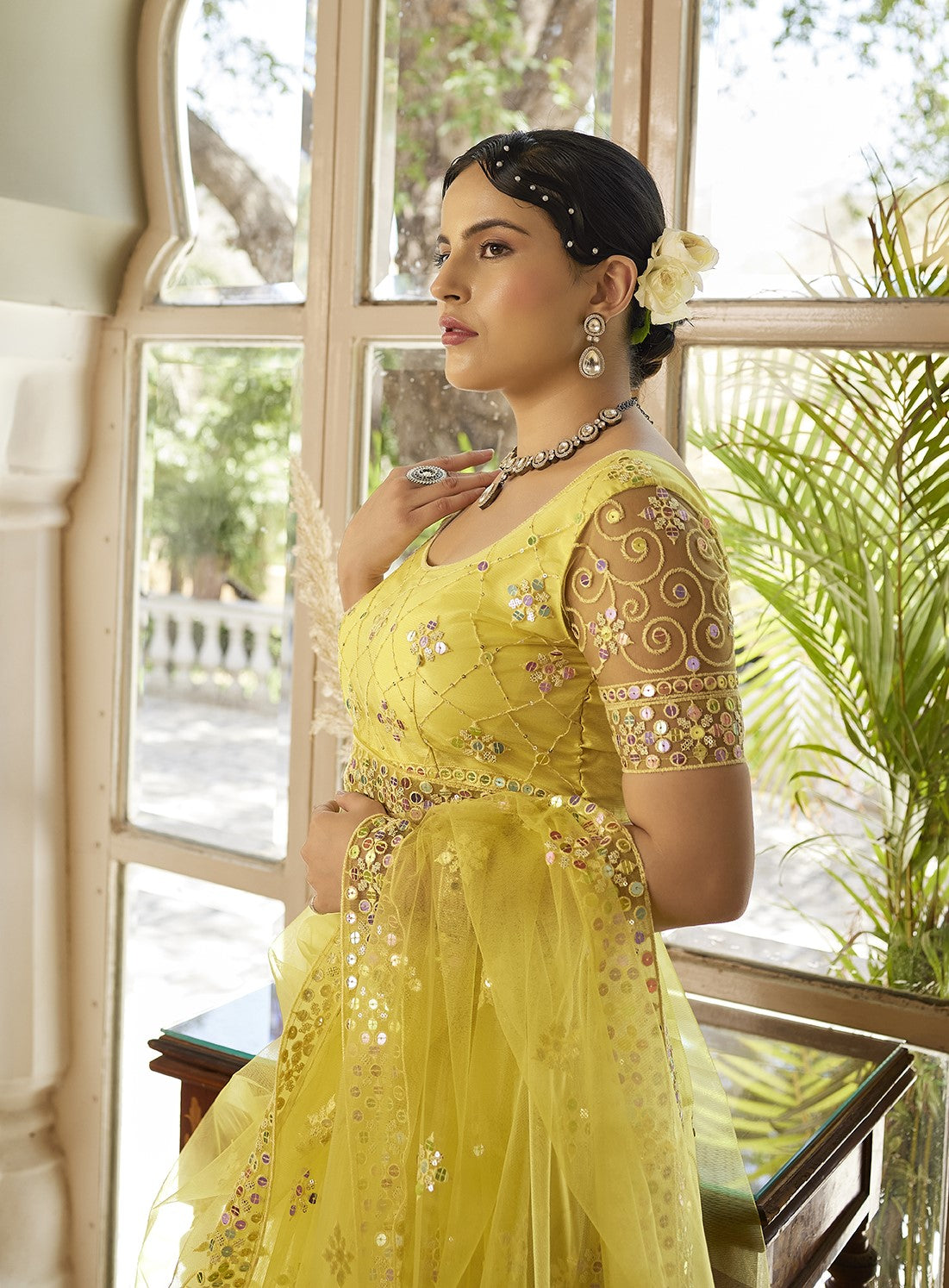 Light Yellow Sequins Embroidered Net Lehenga Choli