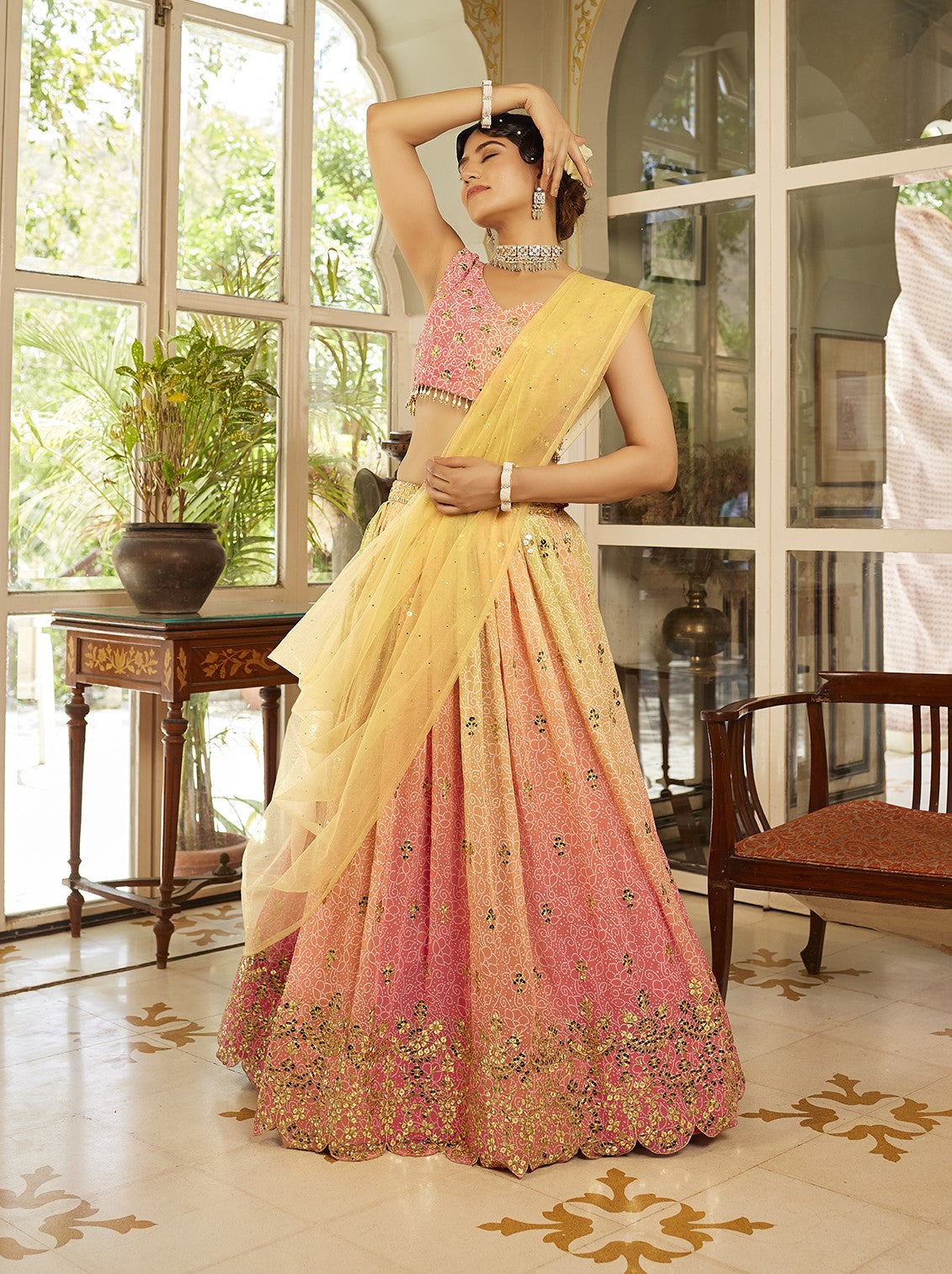 Pink & Yellow Sequins Embroidered Organza Silk Lehenga Choli