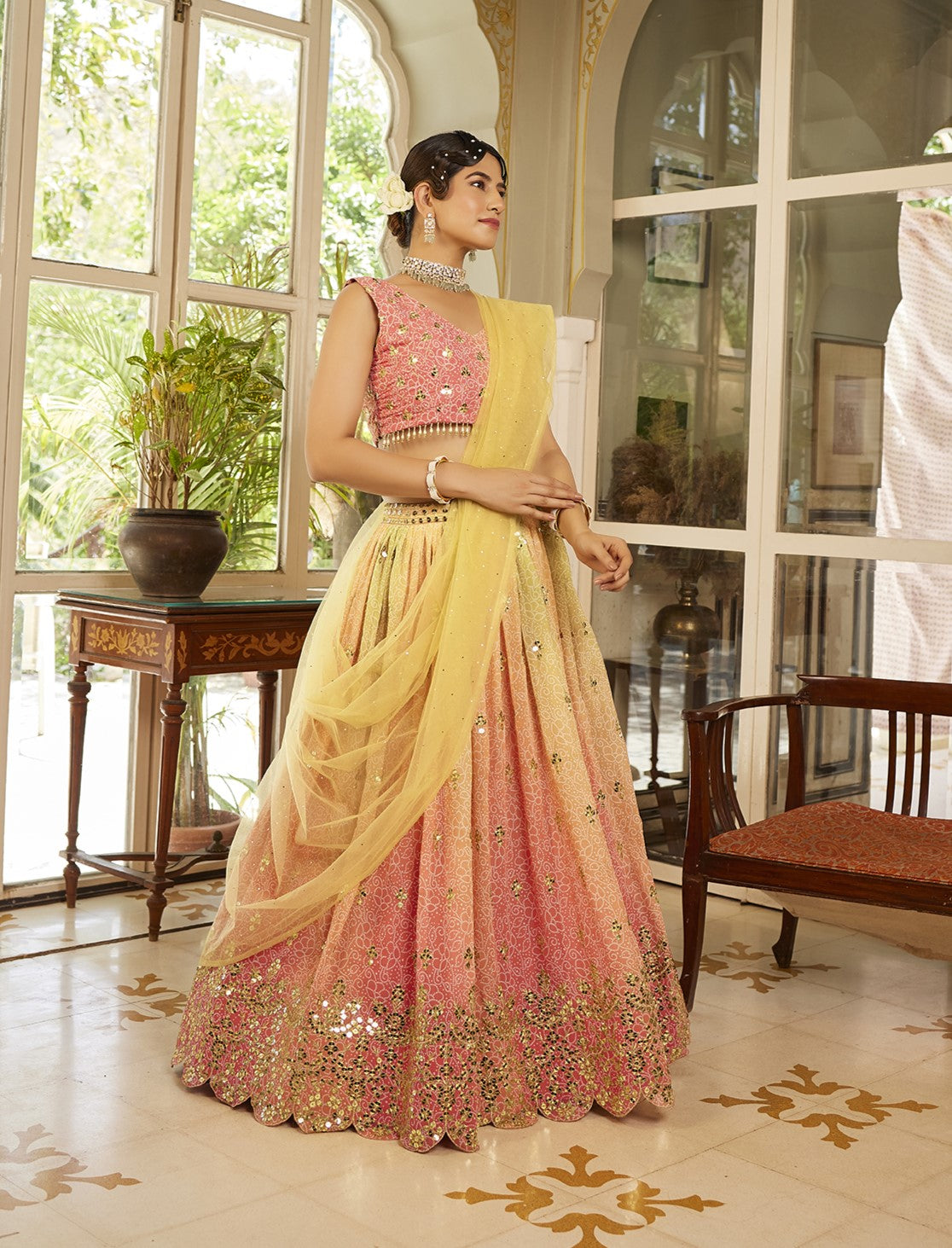 Pink & Yellow Sequins Embroidered Organza Silk Lehenga Choli