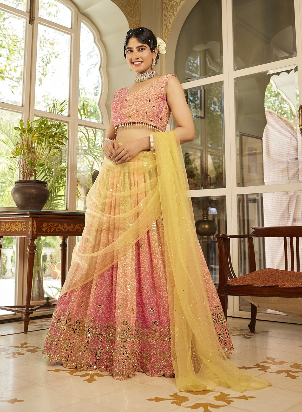 Pink & Yellow Sequins Embroidered Organza Silk Lehenga Choli