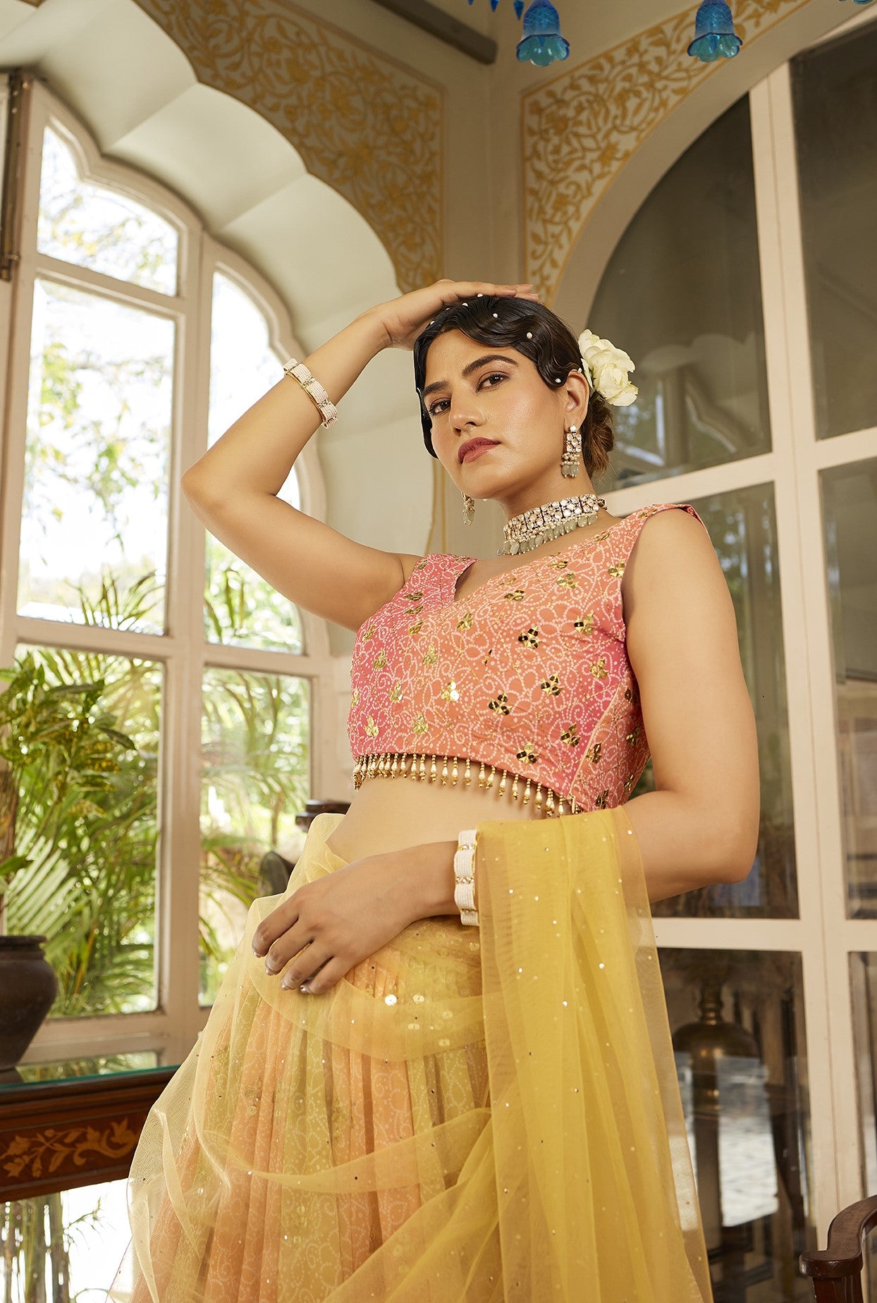 Pink & Yellow Sequins Embroidered Organza Silk Lehenga Choli
