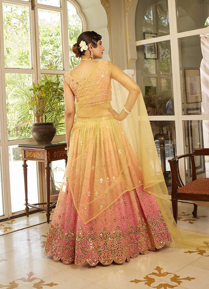 Pink & Yellow Sequins Embroidered Organza Silk Lehenga Choli