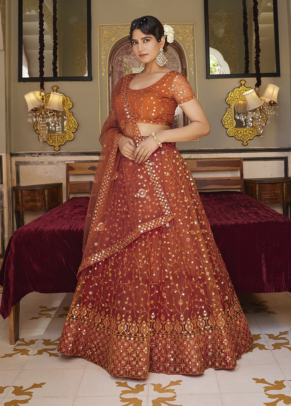 Orange Soft Net Sequins Embroidered Lehenga Choli