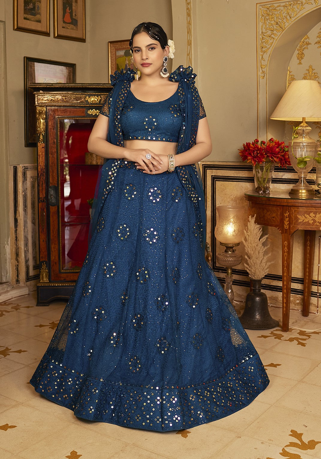 Royal Blue Sequins Embroidered Net Lehenga Choli