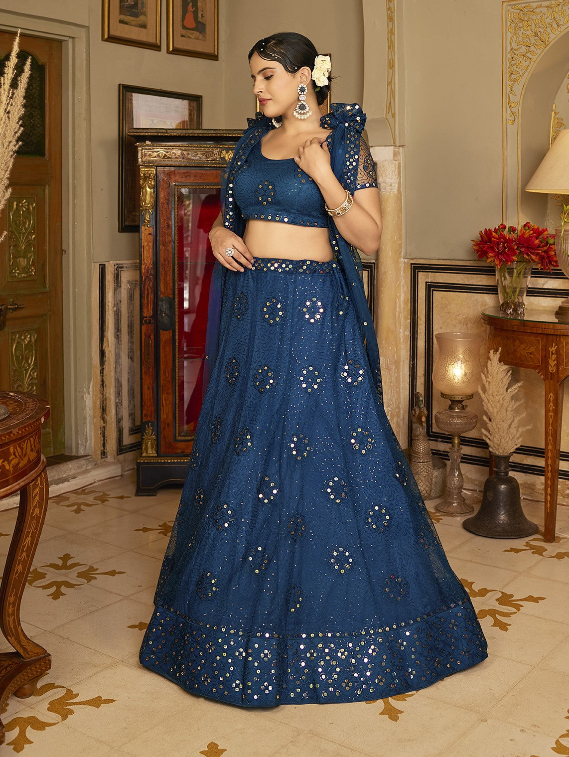 Royal Blue Sequins Embroidered Net Lehenga Choli