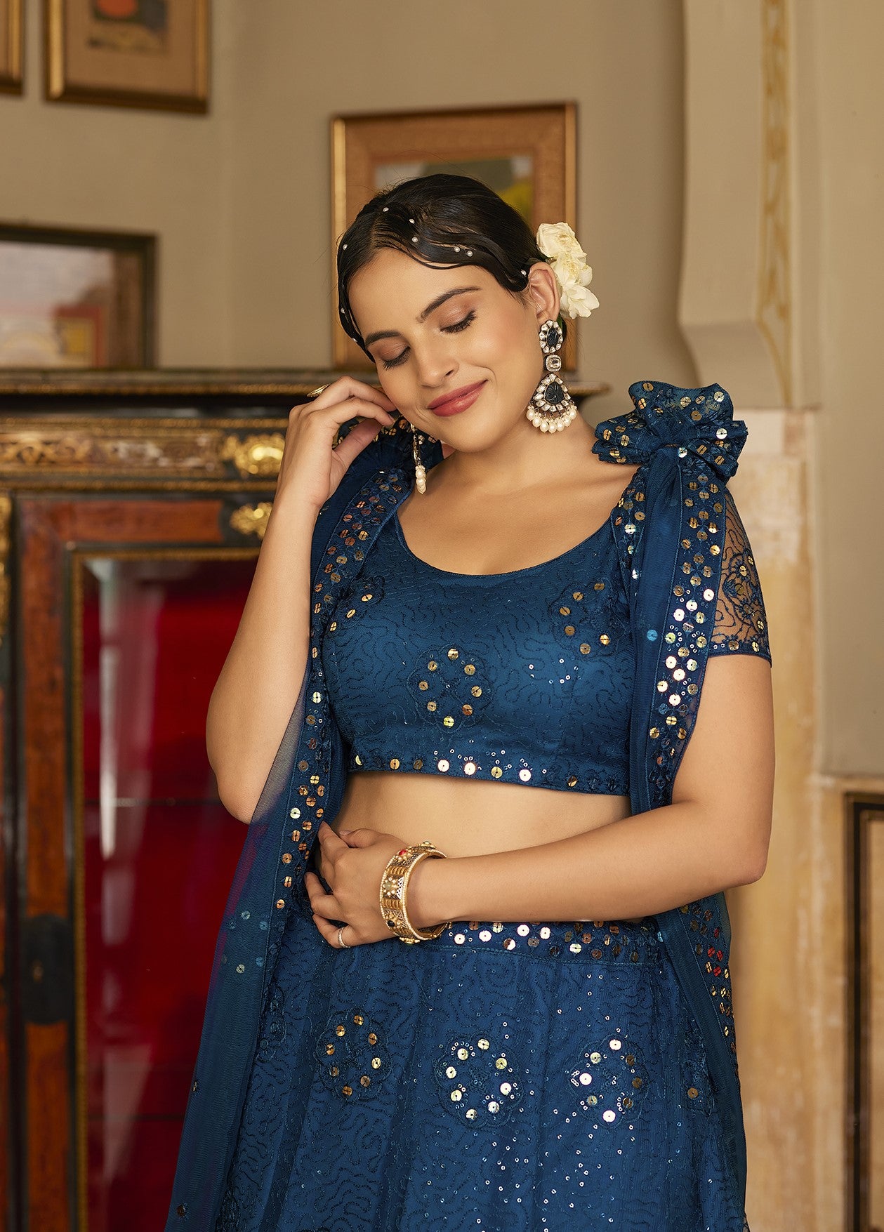 Royal Blue Sequins Embroidered Net Lehenga Choli
