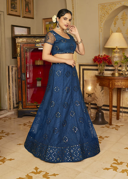 Royal Blue Sequins Embroidered Net Lehenga Choli