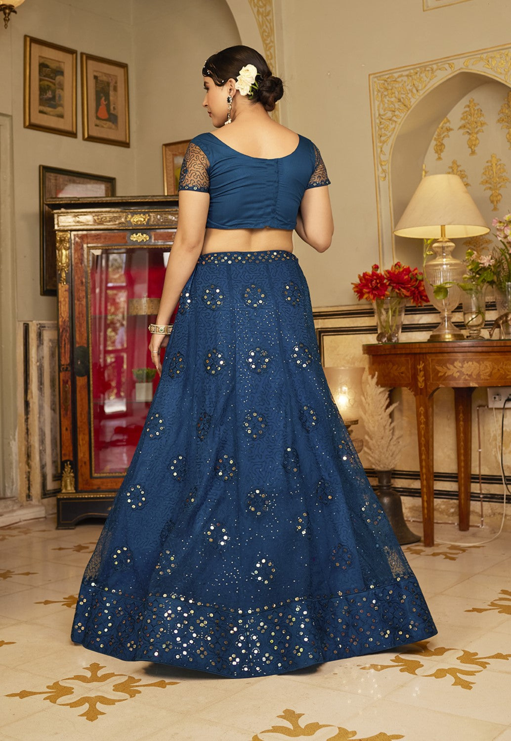 Royal Blue Sequins Embroidered Net Lehenga Choli
