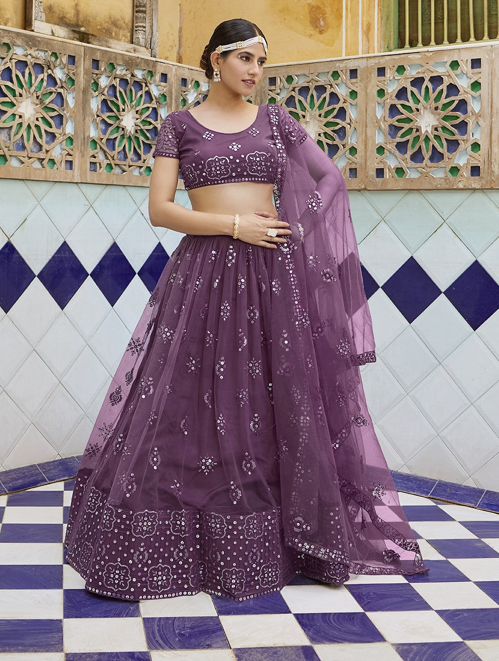 Mauve Soft Net Sequins Embroidered Lehenga Choli
