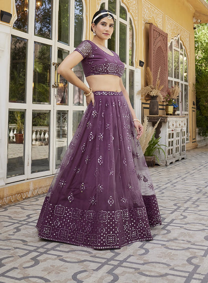 Mauve Soft Net Sequins Embroidered Lehenga Choli