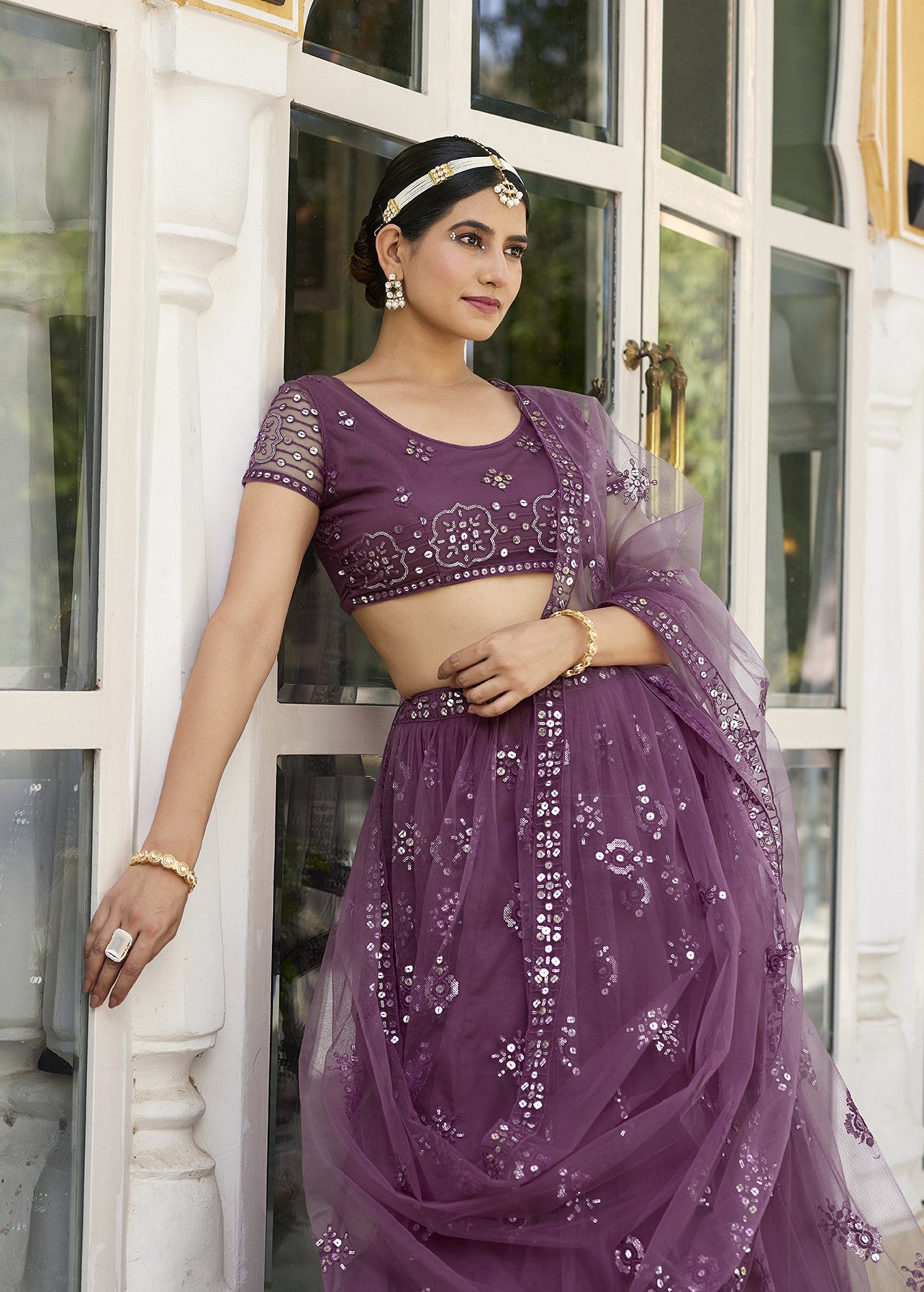 Mauve Soft Net Sequins Embroidered Lehenga Choli