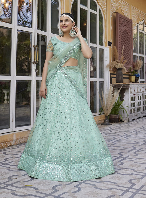 Sky Blue Soft Net Sequins Embroidered Lehenga Choli