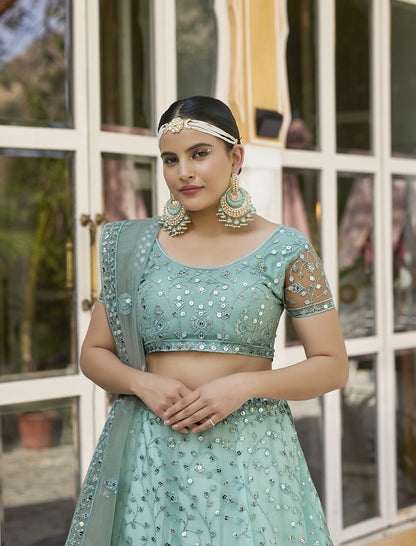 Sky Blue Soft Net Sequins Embroidered Lehenga Choli