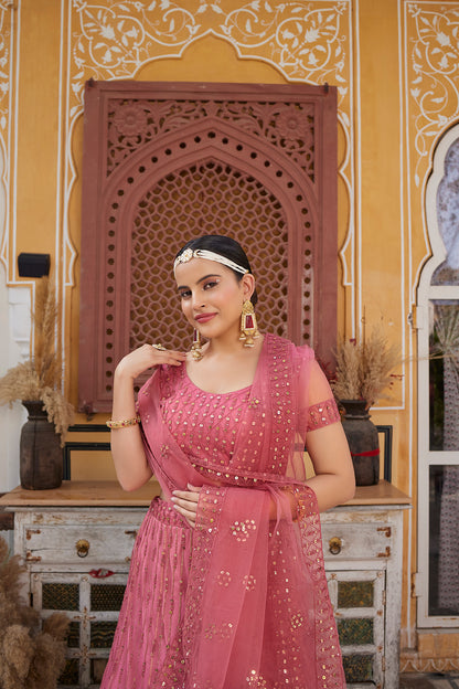 Rose Pink Sequins Embroidered Net Lehenga Choli
