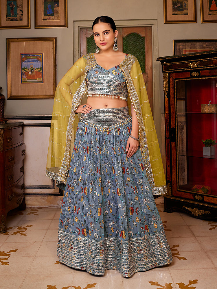 Grey Georgette Floral Printed Lehenga Choli