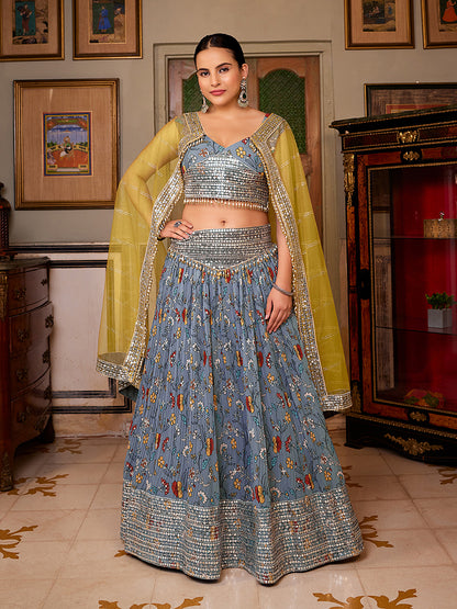 Grey Georgette Floral Printed Lehenga Choli