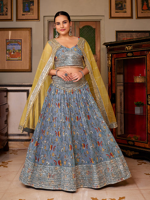 Grey Georgette Floral Printed Lehenga Choli