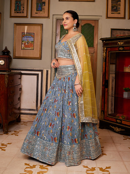 Grey Georgette Floral Printed Lehenga Choli