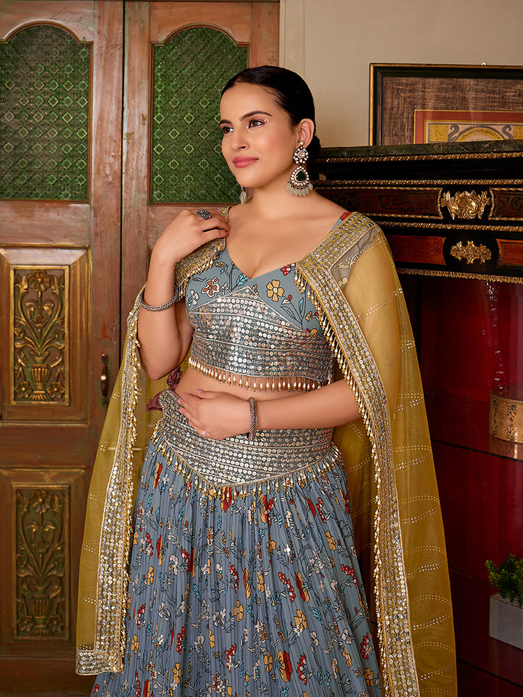 Grey Georgette Floral Printed Lehenga Choli