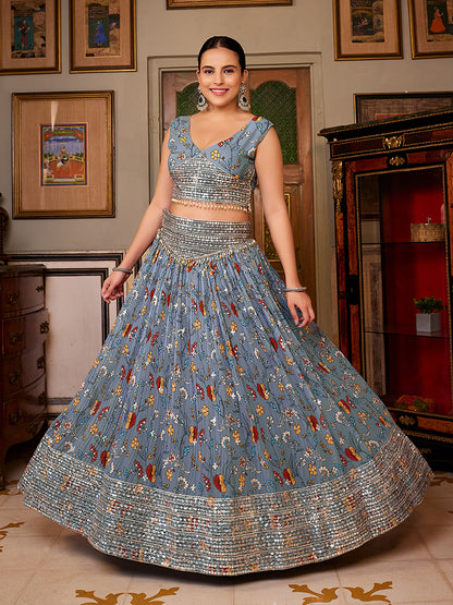 Grey Georgette Floral Printed Lehenga Choli