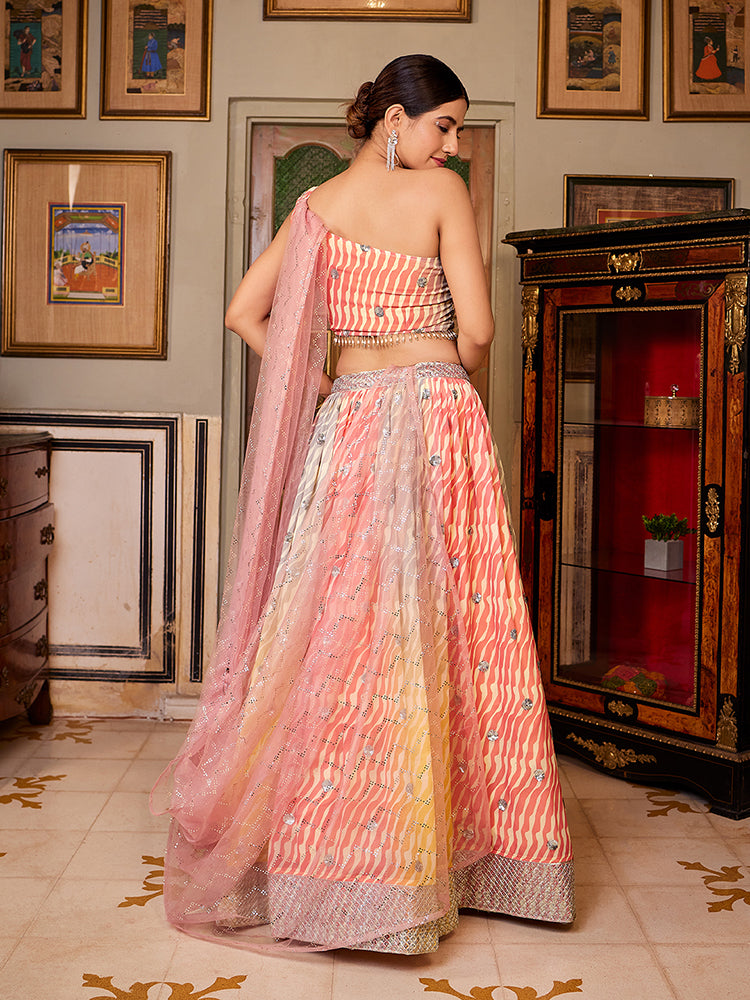 Multicolored Leheriya Printed Organza Lehenga Choli