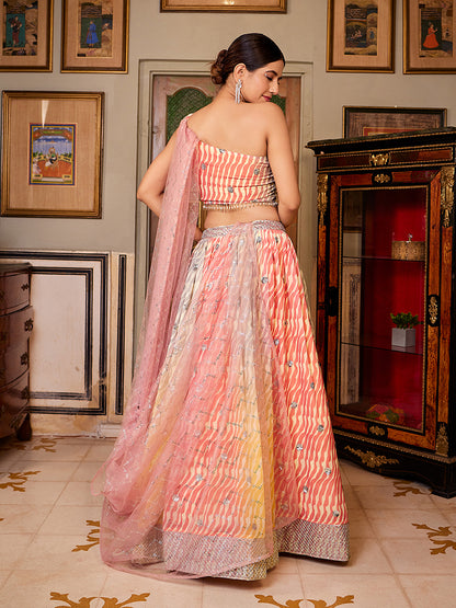 Multicolored Leheriya Printed Organza Lehenga Choli