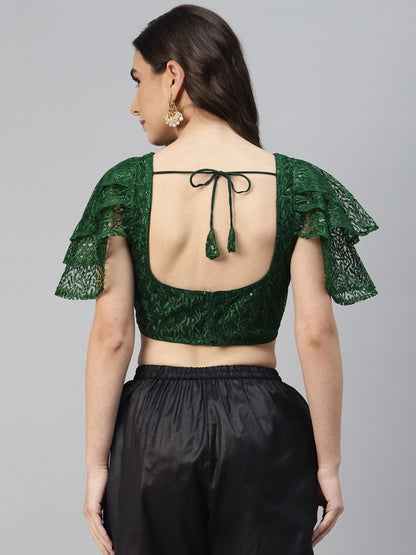 Green Sequinned Net Saree Blouse