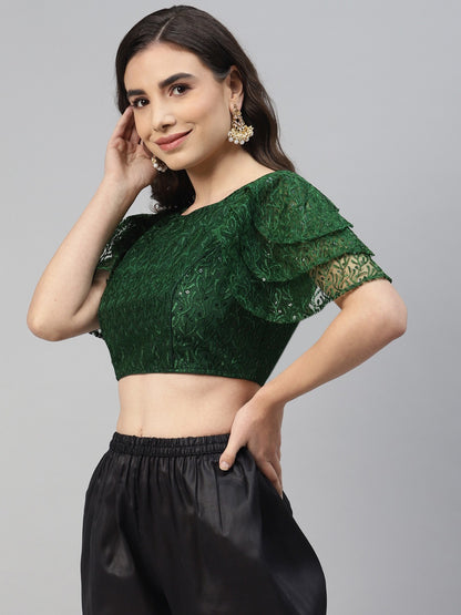 Green Sequinned Net Saree Blouse